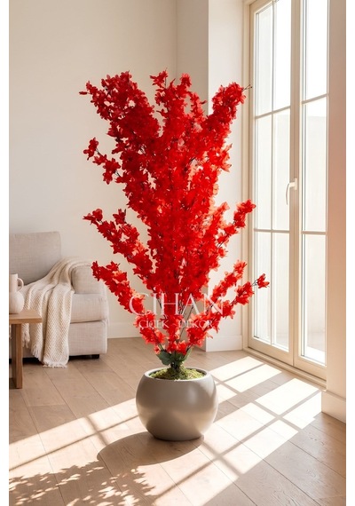 Yapay Kırmızı Sakura Kiraz Çiçeği Ağacı 120 Cm - Küre Plastik Saksılı 27x33 Cm Saksı Beyaz