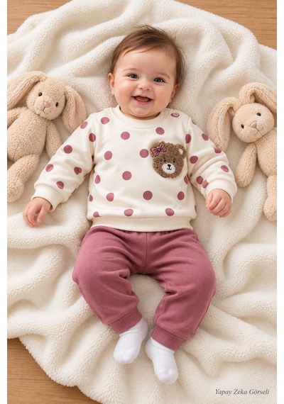 Mou&kou Kız Bebek Puantiyeli Fiyonklu Ayıcık Nakışlı %100 Pamuk İnterlok 2'li Takım 6-18 Ay Lila