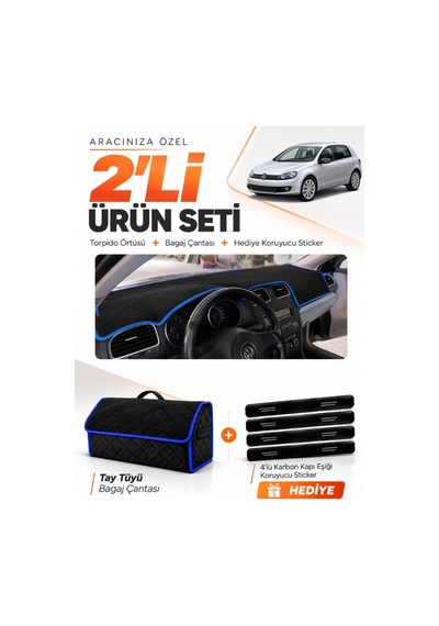 E-biz Volkswagen Golf 6 2008-2012 Uyumlu Torpido Örtüsü + Tay Tüyü Çanta - Siyah-mavi - Vw011