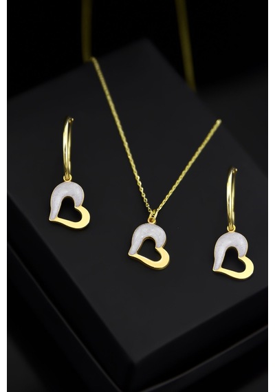 Papatya Silver 925 Ayar Gümüş Gold Kaplama Sedef Mineli Kalp Kolye ve Küpe Kadın Set UVPTS600004