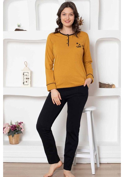 Alimer Kadın Hardal Bisiklet Yaka Uzun Kol Pijama Takım Edy2775h Hardal
