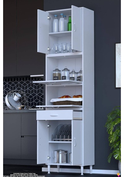 Alp 60 Cm Çekmeceli Erzak Dolabı - Çok Amaçlı Banyo Kiler Mutfak Antre Depolama Dolabı 60x226x32 Cm Beyaz