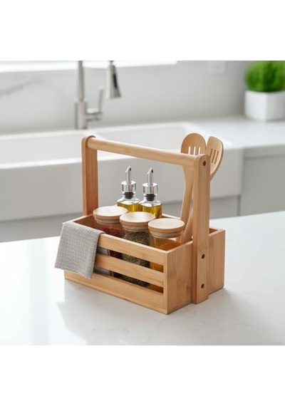 Bambu Masa Üstü Taşınabilir Sosluk Ve Peçetelik, Bambu Tezgah Üstü Ketçap,-mayonez Ve Hardallık, Taşınabilir Sosluk 24 14.5 22cm