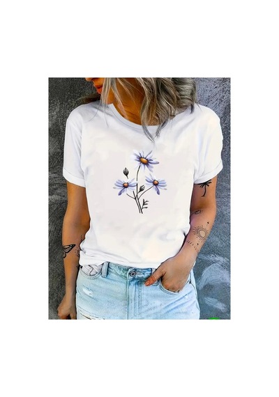 Medinenur Papatya Desenli Basic T-shirt Beyaz