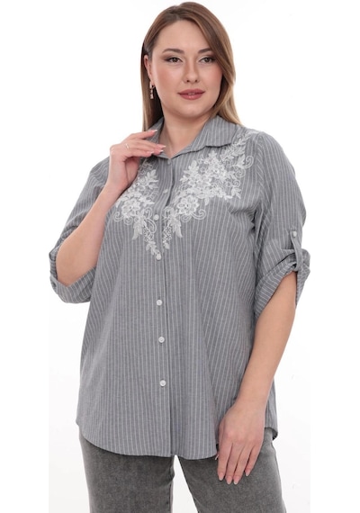 Lady Majestic Büyük Beden Cotton Nakış Detaylı Çizgili Gömlek Şık Ve Rahat Antrasit