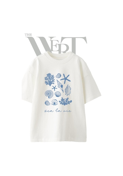 Thewert Deniz Kabuklari Mercan Tasarım Baskılı Ünisex Beyaz Oversize T-shirt