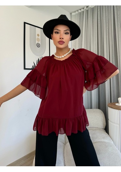 Lodmela Yaka Lastikli Şifon Bluz 6022-Bordo