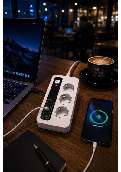3000w Akıllı 3'lü Priz Usb' Li Uzatma Kablo - 4 Usb + 2 Type-c Hızlı Şarj 2 Mt Uzatma Kablo 2 - 5 M