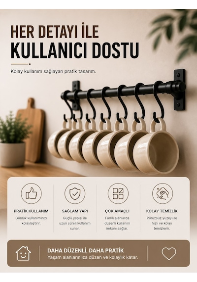 Siyah Metal 6 Kancalı Duvar Askılığı – Vidalı Mutfak & Banyo Askı Borusu, Dayanıklı Ferforje Tasarım