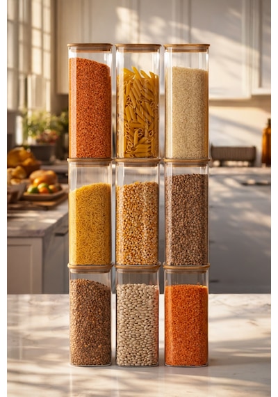 Porsima 7-3 Bambu Vakumlu Kapaklı Kare Borsilikat Cam 9lu Kavanoz Seti Saklama Kabı 1900ml 9,5x27cm Ahşap - Beyaz
