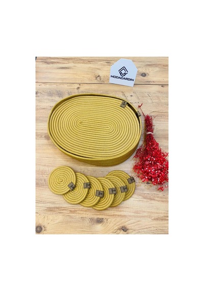 Jüt Hasır Amerikan Servis Oval Supla Bardak Altı Ve Sepet 13 Parça Gold Gold