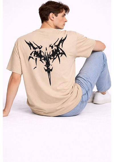 Nevermind Oversize Erkek Tişört Arkası Baskılı Streetwear Siyah Grafik Back Bej
