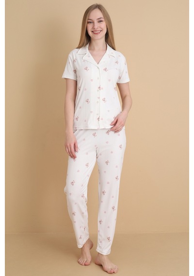Wordex Mirano 9505 Ayıcık Desenli Pegasus Kumaş Düğmeli Kısa Kolu Kadın Pijama Takımı Ekru