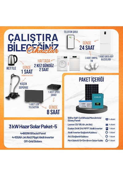 3 Kw Hazır Solar Paket - 5 4x600w Bifacial Panel + 4x100ah Jel Akü + Mppt Akıllı Inverter Off-grid Güneş Enerji Sistemi