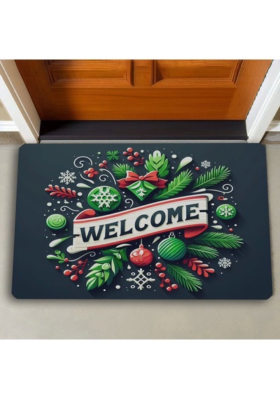 Valerine Life Noel Yılbaşı Topları Ve Yeşil Yapraklar Welcome Kapı Önü Paspası 45x70cm