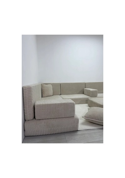 Premium Kadife Kumaş, Konforlu Yer Kanepesi ,modüler Şark Köşesi Takımı - Krem- 20 Parça