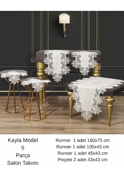 Salon Takımı 5 Parça Keten Dantelli Masa Örtüsü Runner Seti Çeyizlik Kayla Model Krem-krem