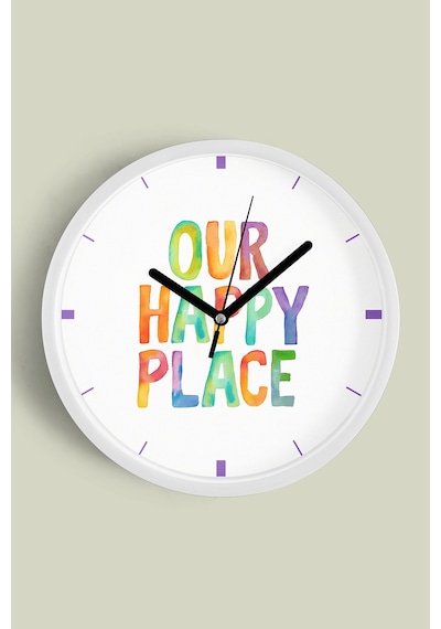 Modern Yazılı Tasarım - '' Our Happy Place '' Duvar Saati - 30cm - Önü Camlı Beyaz Kasa Beyaz