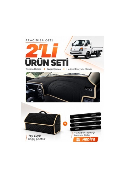 E-biz Hyundai H100 2020-2024 Uyumlu Torpido Örtüsü + Tay Tüyü Bagaj Çantası - Siyah-bej - Hu023
