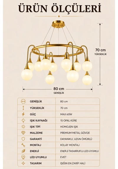 Eskitme Premium Gold 15 Opal Küreli Led Avize Salon Yemek Odası Dekoratif Sarkıt Avize 60w
