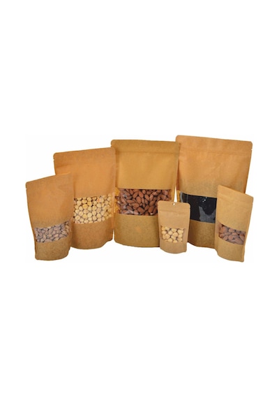 Doypack Pencereli Kraft Delikli Kilitli Kese Kağıdı Orta Boy 1 KG 60'lı 20 x 30 CM