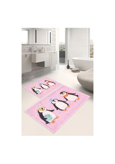 Penguen Desenli Dijital Baskılı Yıkanabilir 2li Banyo Paspası 50x60-60x100 Pembe