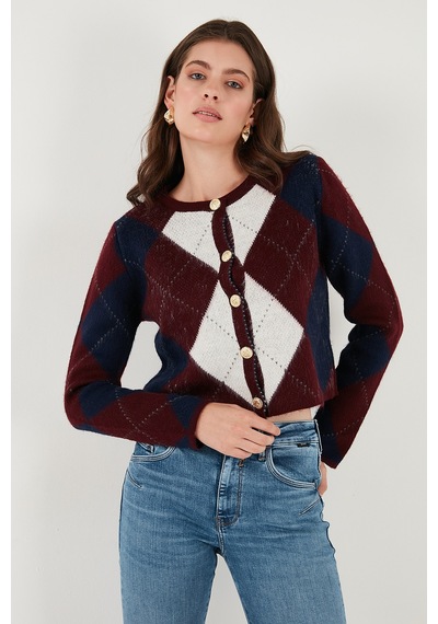 Lela Regular Fit Bisiklet Yaka Baklava Desenli Düğmeli Crop Bayan Hırka 4615570 Bordo