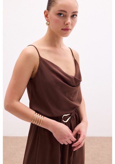 Sateen Degaje Yaka Dökümlü Bluz - Kahve-136055 Kahve