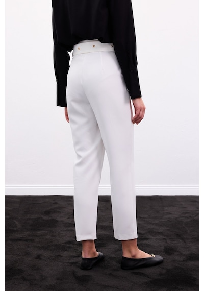 Sateen Kemerli Pantolon - Ekru-136910 Ekru
