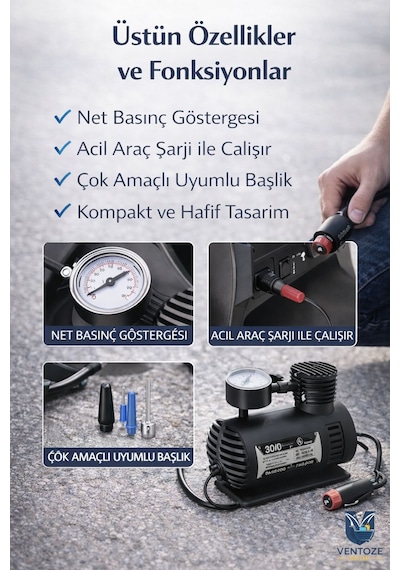 Taşınabilir Hava Kompresörü 12v 300 Ps I Araç Lastik Şişirme Pompası Mini Elektrikli Kompresör 12 V 300 Ps
