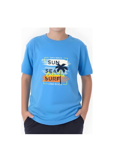 Panios Kids California Sun Baskılı Erkek Çocuk Kısa Kollu Yuvarlak Yaka T-shirt Mavi