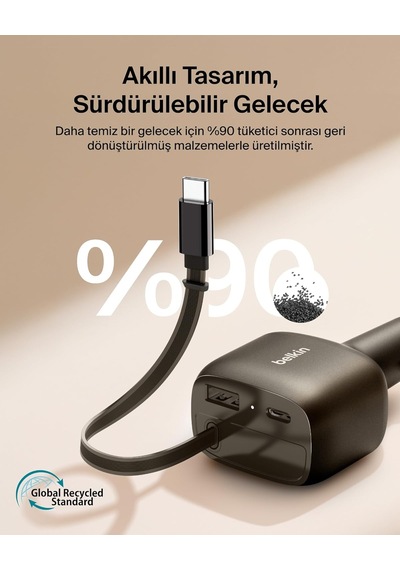 Belkin Usb-c Araç Şarj Cihazı, 75 W, 75 Cm Geri Çekilebilir Usb-c