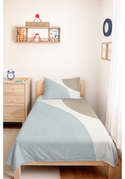 Mavi Geometrik Modern Tek Kişilik Pike Takımı - Gri Beyaz Minimal 160x220 Cm Yazlık Yatak Örtüsü Narin Mum Esintisi
