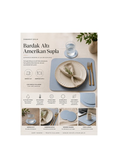 42x30/2 Adet Bebe Mavisi Deri Softa Sunum Altlığı Supla Runner Amerikan Servisi 2 Adet Bardak Altlığı Mavi