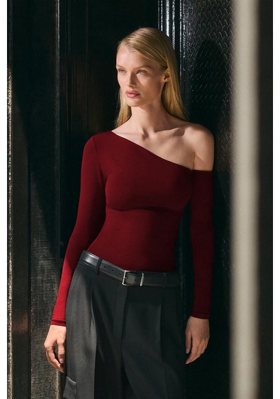 Seeh Bordo Kayık Yaka Uzun Kollu Kadın Body Sh201
