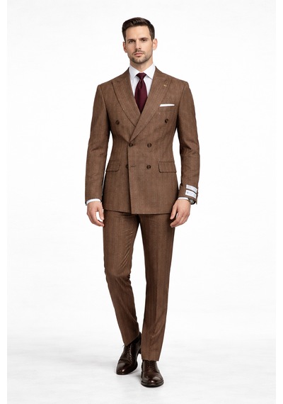 Fabıo Cassel Çizgili Kruvaze Erkek Takım Elbise Slim Fit Kahverengi