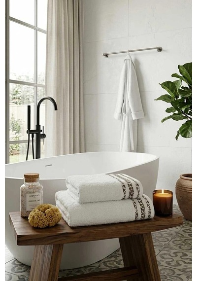 2 Parça Banyo Havlu Seti %100 Pamuk 70x140+50x90 Cm Savana Beyaz Çok Renkli