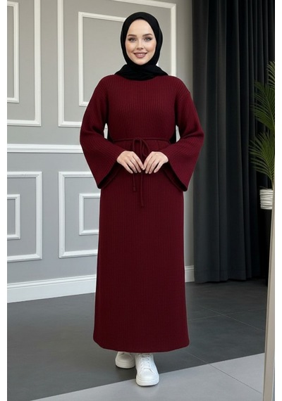 Defymoda Kadın Kırmızı Ribanalı / Fitilli Uzun Tesettürlü Kışlık Elbise - Çan Kol Detaylı Astarlı/örme Kırmızı