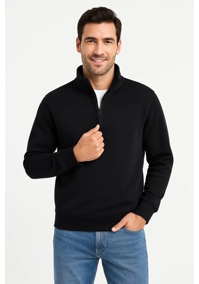 Erkek Dik Yaka Sweatshirt Dik Yaka Yarım Fermuarlı 3 İplik Pamuk Kumaş - Siyah