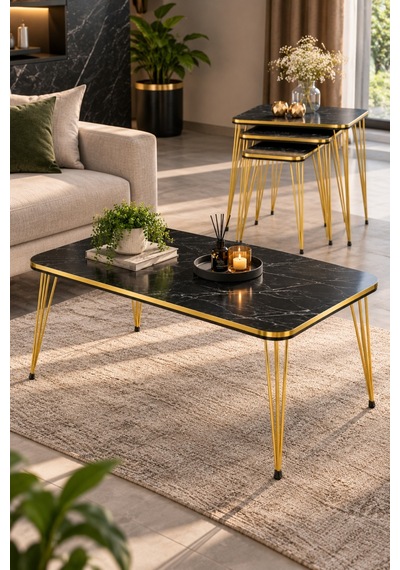 Sulorahome Siyah Ve Gold Metal Ayaklı 4'lü Sehpa Seti Altın - Siyah