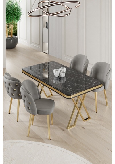 Canisa Rigel Serisi 80x130 Lak Panel Siyah Mermer Desen Masa Takımı Gold Ayaklı 4 Gri Sandalye Masa Siyah Mermer Desen Sandalye Gri Canisa Rigel Serisi 80x130 Lak Panel Siyah Mermer Desen Masa Takımı Gold Ayaklı 4 Gri Sandalye Masa Siyah Mermer Desen Sandalye Gri