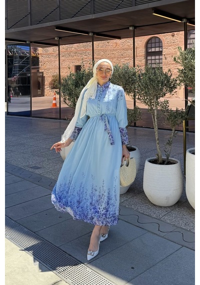Riella Butik Çiçek Desenli Tesettür Elbise Mavi