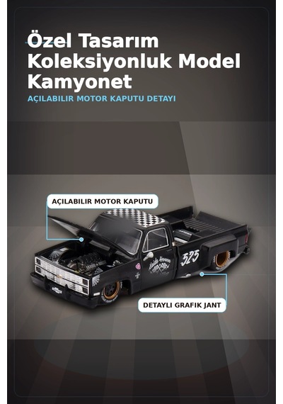 Hot Rod Tasarımlı 1/64 Chevrolet Silverado Dually Diecast Model Araba - Tekli Kutu Bx-313351