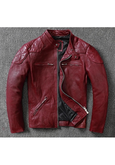 Nyc Giyim Tekstil & Deri Vintage Motosiklet Şarap Kırmızı Renk Hakiki Deri Mont Bordo