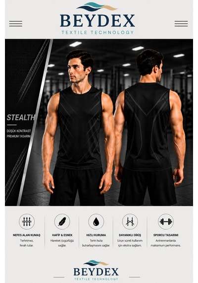 Beydex Erkek Nem Emici Hızlı Kuruma Ss-26 Collection Sporcu Sıfır Kol T-shirt Gym Siyah