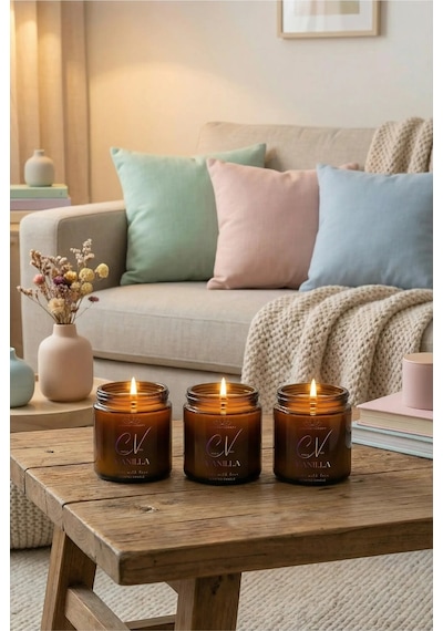 3 Lü Vanilya Kokulu Aromaterapi Mum %100 Doğal Soya Wax Kapaklı Amber Cam Krem Renk 100 Cc Amber