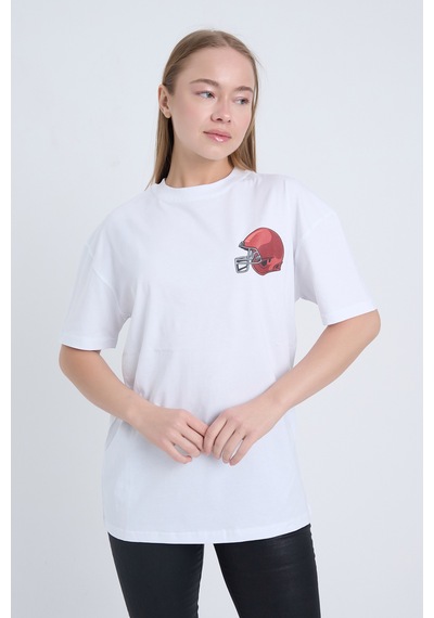 Kadın Oversize Baskılı T-shirt Beyaz Football Helmet Beyaz