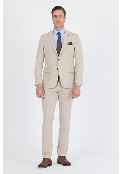 İmza Bej Kırlangıç Yaka Kelebek Astar 6 Drop Slim Fit Beli Lastikli Takım Elbise 1001250176 Bej