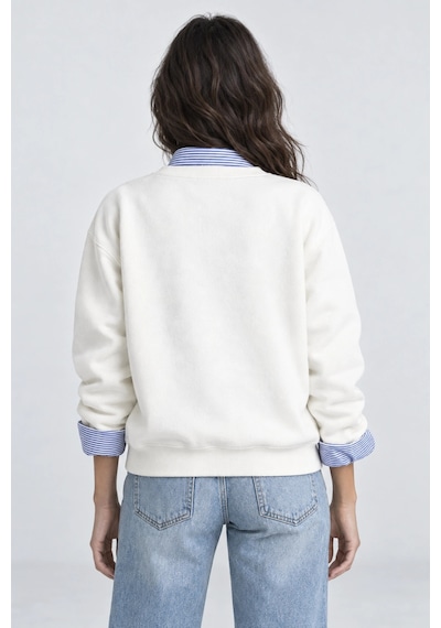 Mevese Kadın Peluş Dokulu Nakış Detaylı Salaş Sweatshirt- Beyaz