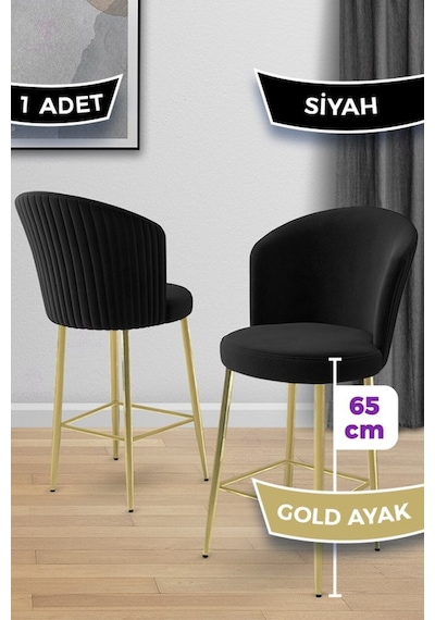Canisa Alte Serisi 1 Adet Babyface Kumaş 65 Cm Gold Kaplama Ayaklı Siyah Bar Sandalyesi Siyah Sandalye Gold Kaplama Ayak